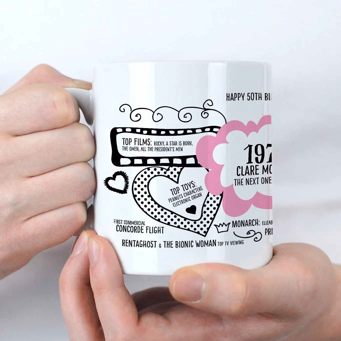 Afewhometruths Personalised 50th Birthday Mug, 1976 Nostalgia Gift in Baby Pink and White – 3
