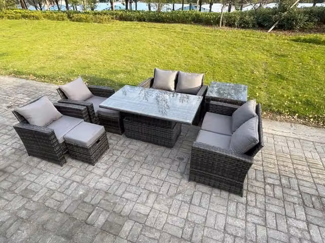 Fimous 8 Seater Rattan Garden Furniture Set with Rising Lifting Table and Double Seat Sofa in Dark Grey