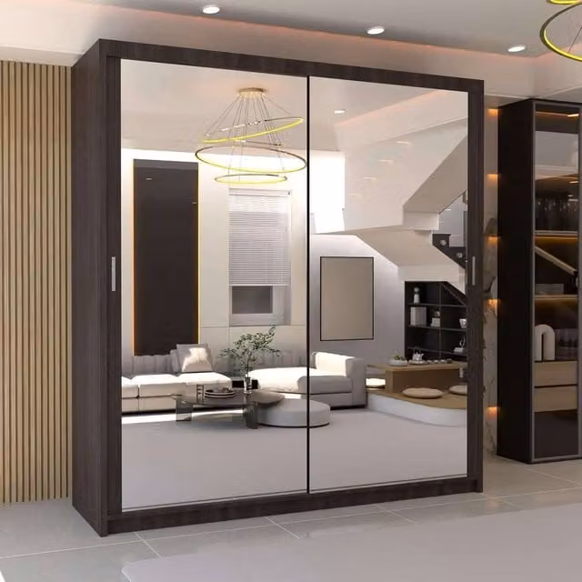 MN Furniture Double Mirror Sliding Door Wardrobe in Brown, W: 203 cm, H: 217 cm