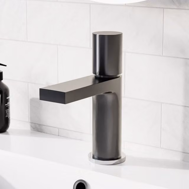 Nes Home Matt Grey Handleless Futuristic Basin Mixer Tap, Deck Mounted with Brass Core in Silver
