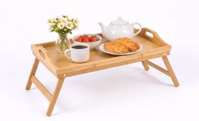 VOGREX Rectangle Bamboo Serving Tray with Handles in Beige – 1