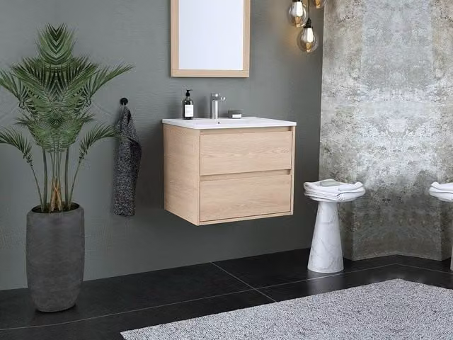 Vente-unique Suspended Bathroom Furniture Set with Built-In Sink and Mirror in Light Oak Veneer, W/D/H: 60 x 45 x 50 cm – 1