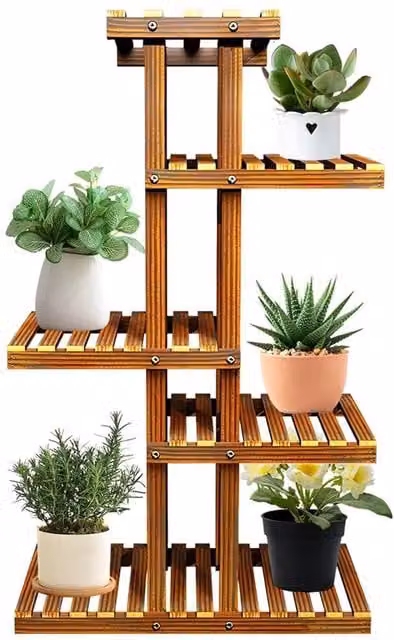 Nordara 5-Tier Wooden Plant Shelf Rack in Natural Brown, W: 100 cm, D: 80 cm, H: 80 cm