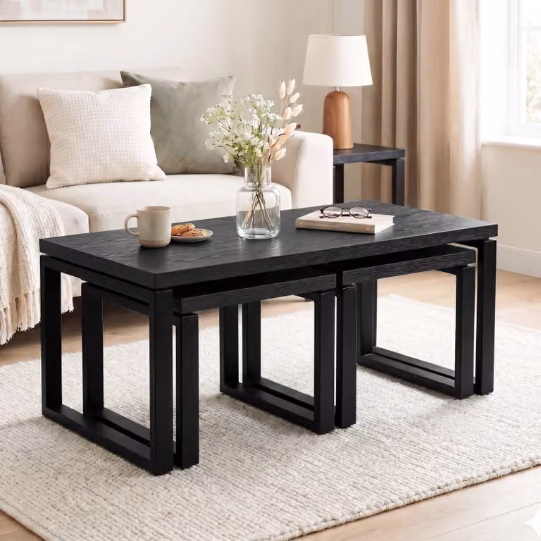 Nestline 3 Piece Black Nesting Coffee Table Set with Matt MDF and Metal Finish