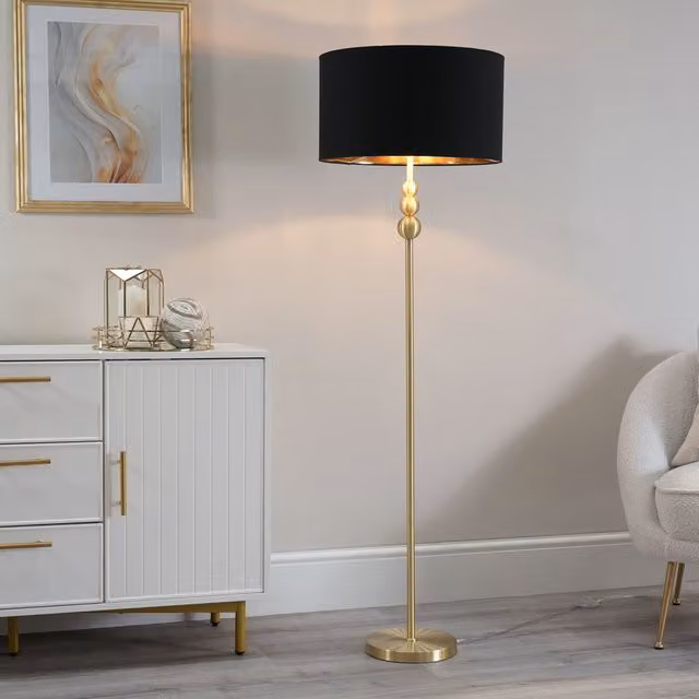 ValueLights Marissa Gold Stacked Floor Lamp with Metallic Shade and Bulb in Black and Gold/Brass