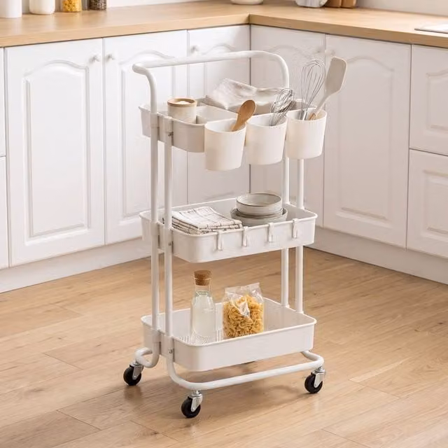 STILVORA Three Tier Storage Trolley with Baskets and Wheels in White