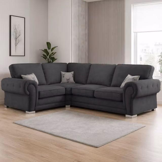 Furnishings For Less UK Milan 4 Seater L Shaped Corner Sofa, Black Left Hand Facing Chesterfield Fabric Upholstered Sofa with Scatter Cushions