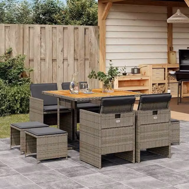 Berkfield Home 9 Piece Grey Poly Rattan Garden Dining Set with Cushions