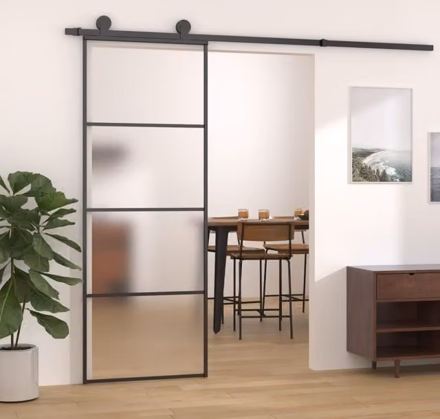 Berkfield Home Modern Black Sliding Door with Frosted ESG Glass and Aluminium, W: 76 cm, H: 205 cm