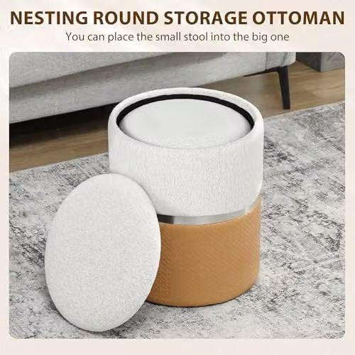 HOMCOM Set of 2 Round Cylindrical Storage Ottomans in Brown, Beige and Silver with PU Leather Upholstery, W/D/H: 36 x 36 x 45 cm and 45 x 45 x 36 cm – 3