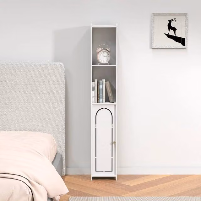 KORVIXA White Freestanding Bathroom Tallboy Cabinet with Hinged Doors and Open Shelving, Height: 90 cm