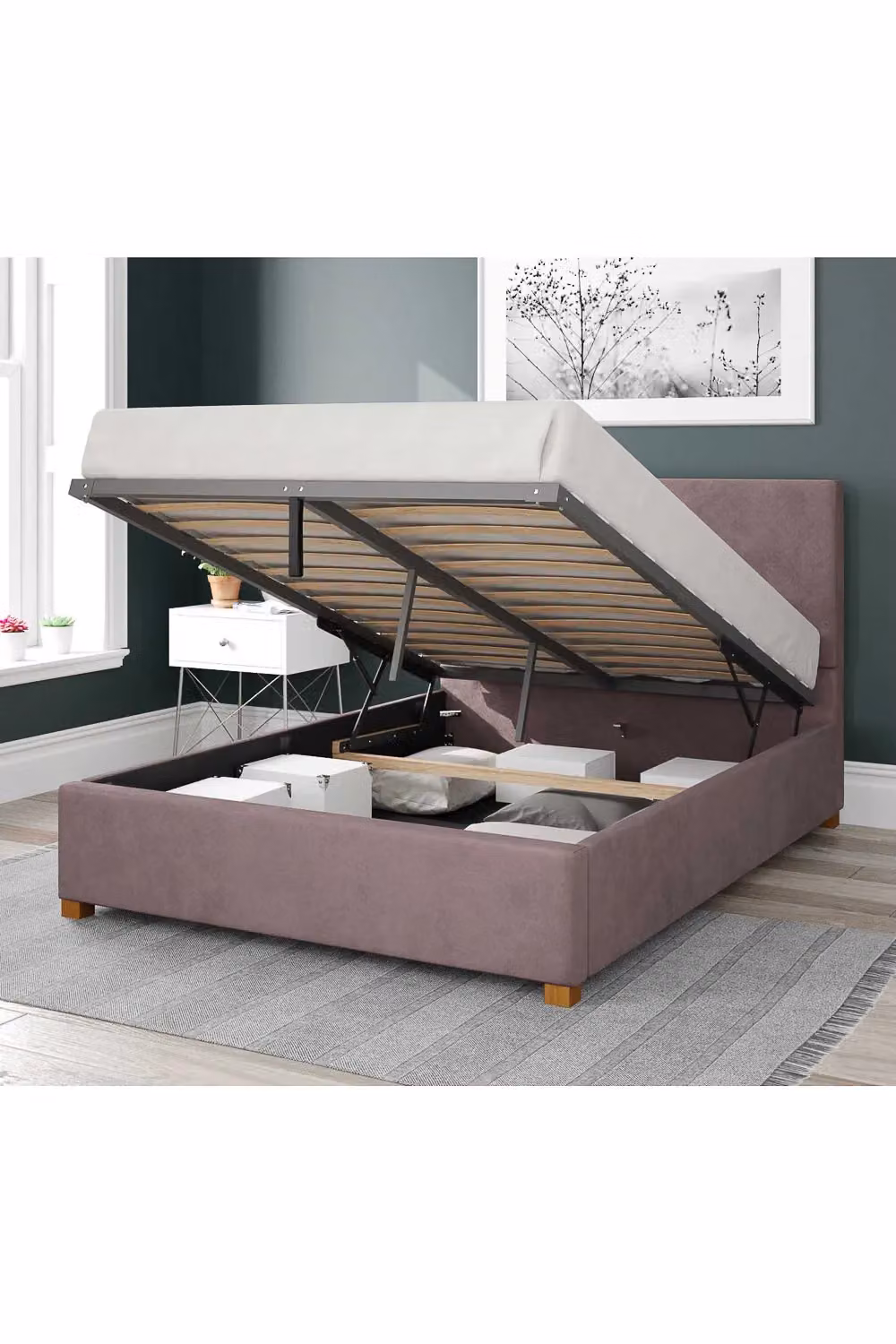 Aspire Garland Upholstered Ottoman Storage Bed in Pink Plush Velvet, W/D/H: 180 x 160 x 35 cm – 2