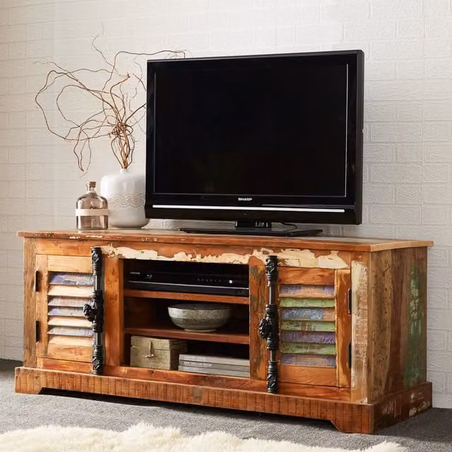 IH Design Modern Reclaimed Boat Wood TV Media Unit with 3 Shelves and 2 Doors in Multicolour and Brown