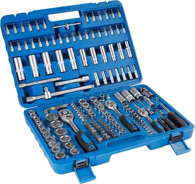 TECTAKE 171-Piece Ratchet and Socket Set with Plastic Case in Blue