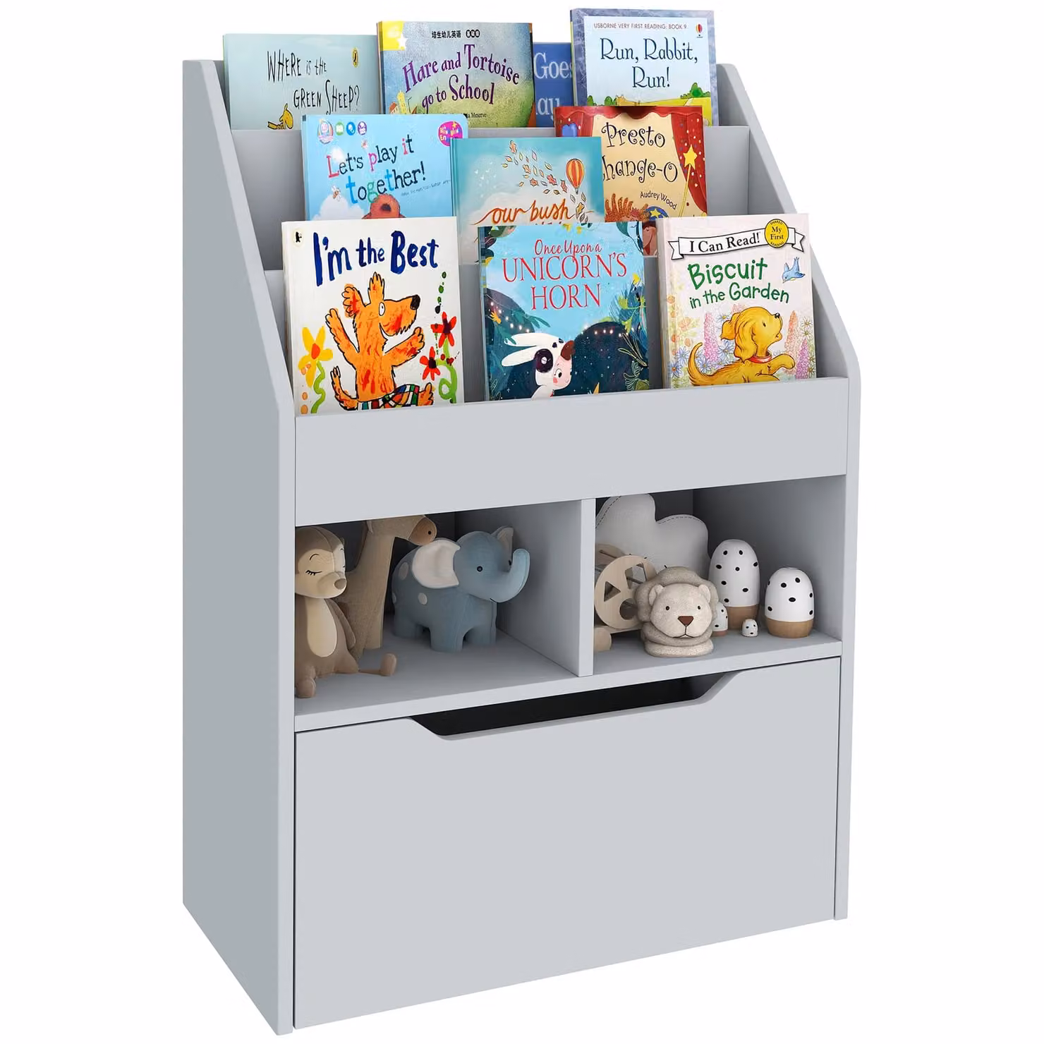 HOMCOM Kids Bookshelf with Storage Drawer and Wheels, Grey Toy Organiser – 2