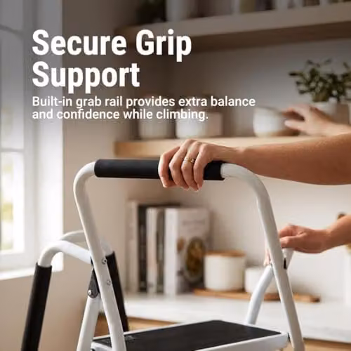Gr8 Home 2 Step Folding Steel Ladder with Safety Grab Rail in White – 5