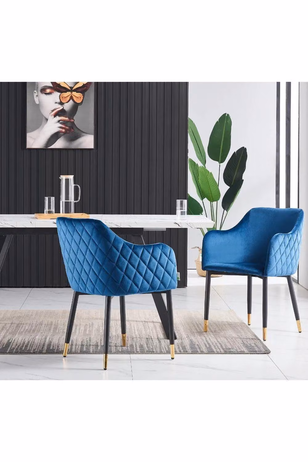 Life Interiors Set of 2 Verona Blue Velvet Dining Chairs with Quilted Back and Black Legs with Gold Foot Caps – 4