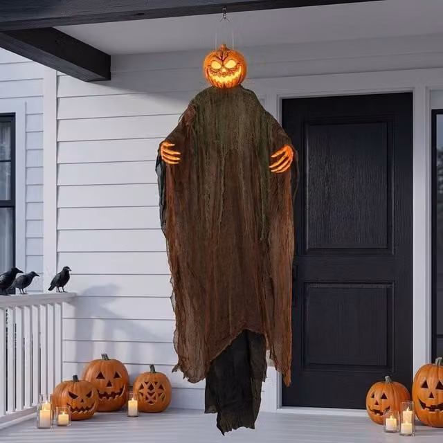 Garden Greatness 7ft Hanging Light-Up Ghoul Pumpkin in Orange and Multicolour