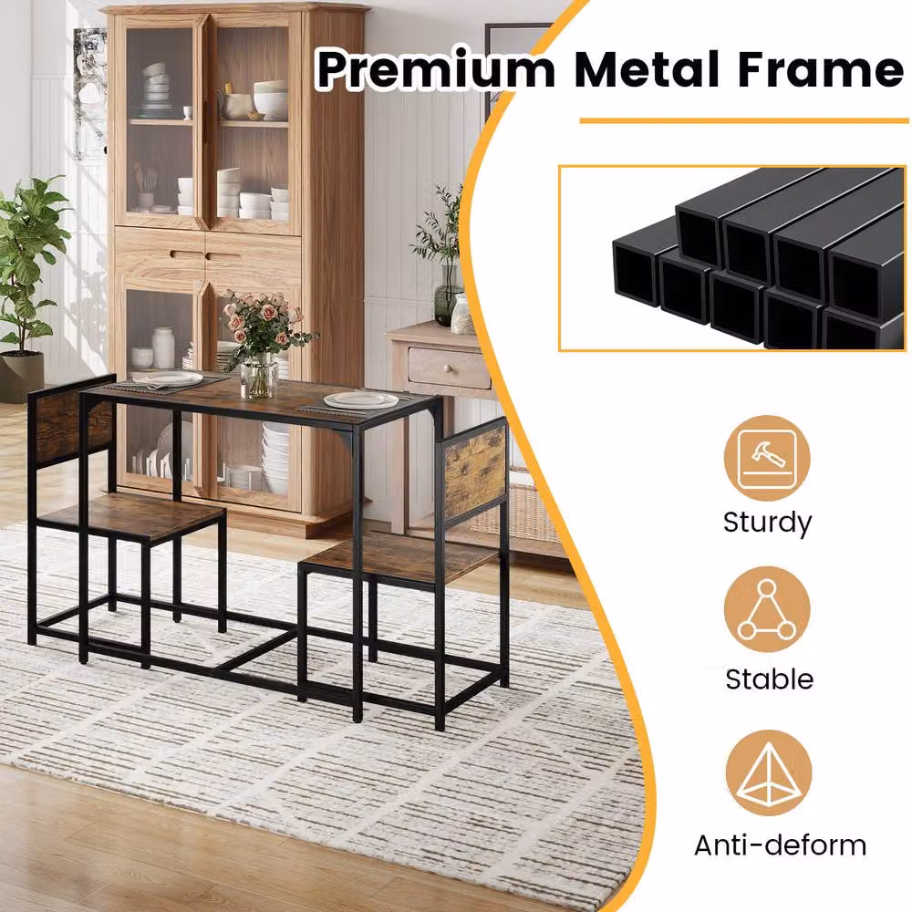 Costway 3 Piece Industrial Dining Set with Rectangular Kitchen Table and 2 Chairs in Brown – 4