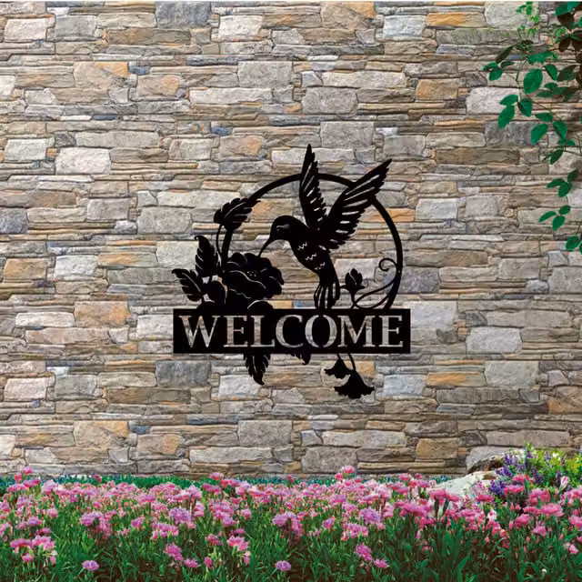 Laser Hut Hummingbird Welcome Sign Black Metal Wall Plaque, 30 cm