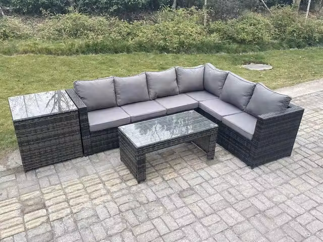 Fimous 6 Seater Rattan Corner Sofa Set with Rectangular Coffee Table and Side Table, Right Hand, Dark Grey