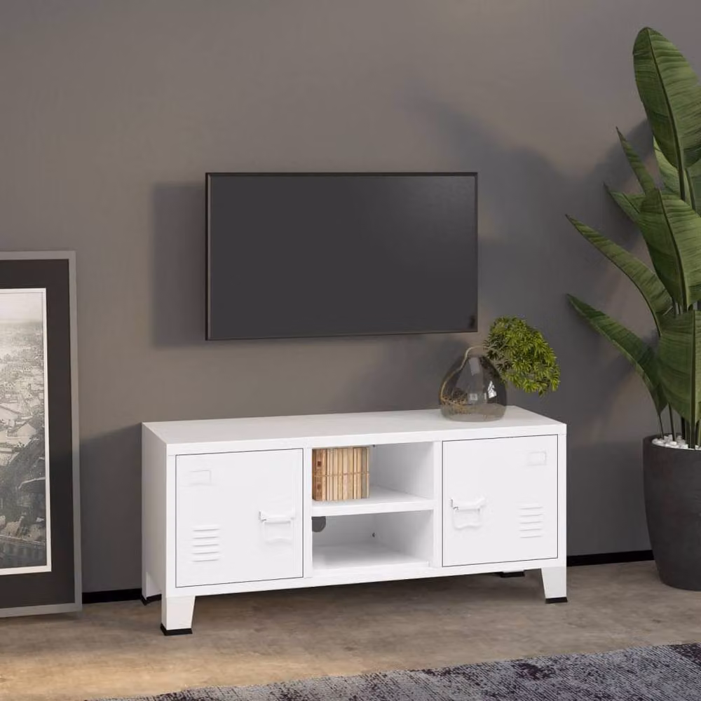Berkfield Home Industrial Metal TV Cabinet in White, W/D/H: 105 x 35 x 42 cm – 2