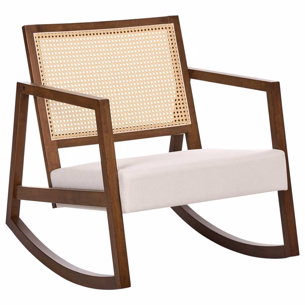 Wyld and Coco Scandinavian Rocking Armchair in Beige Woven Fabric with Solid Rubberwood Frame – 2