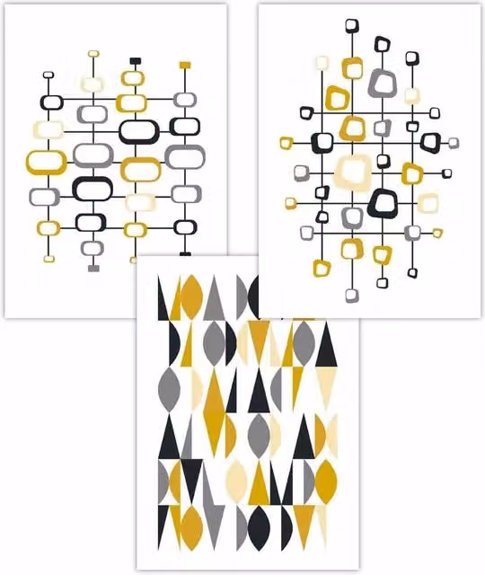 ARTZE Set of 3 Mid Century Geometric and Abstract Graphic Art Posters in Yellow, Grey and Black, W: 42 cm, H: 59 cm