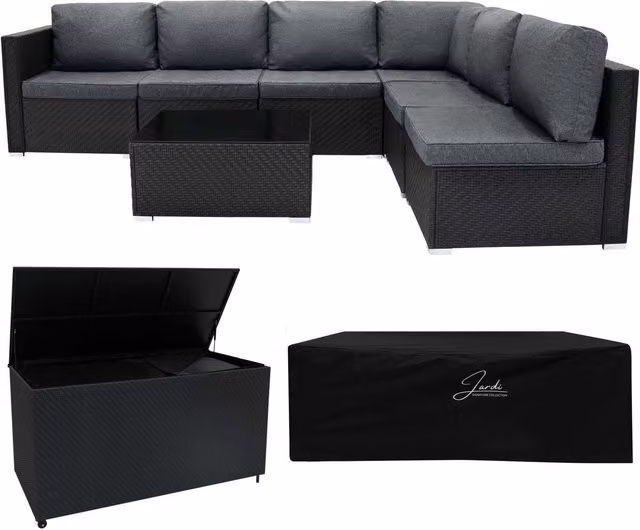 Jardi Modern L-Shape Rattan Modular Garden Furniture Set with Cushions in Black and Grey
