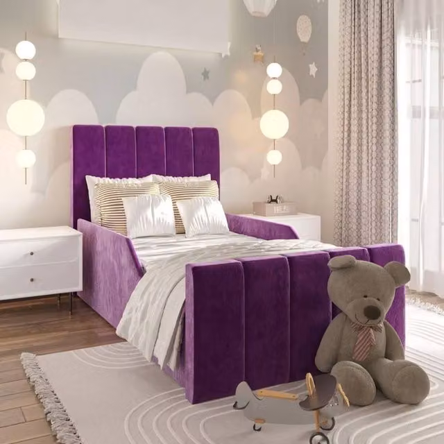 Stratus Interiors Leo Childrens Single Bed Frame with Purple Velvet Upholstered Panel Design – 1