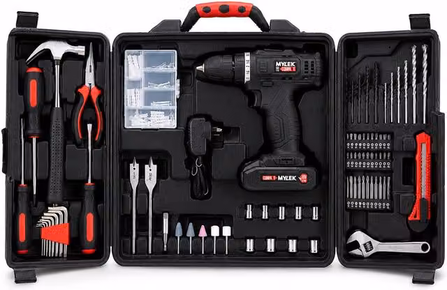 Mylek 18V Cordless Drill Tool Set with 130-Piece Accessory Kit and Case, Black