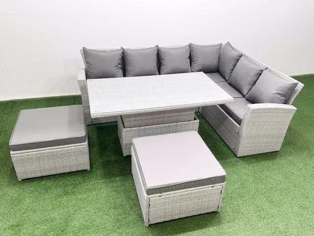 Fimous 8 Seat Rattan Garden Furniture Corner Sofa Set with Armchair and 2 Stools in Light Grey