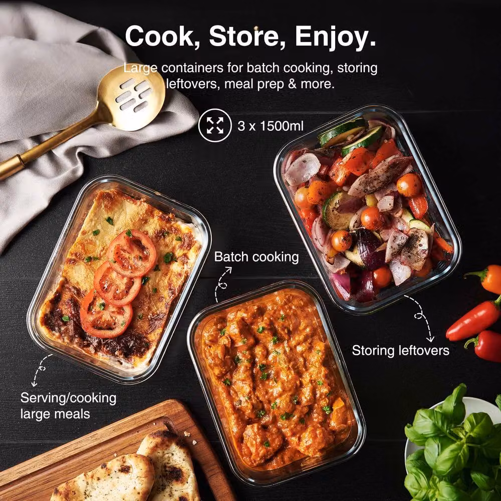 VonShef 3-Piece Glass Meal Prep Lunch Box Set with Airtight Leakproof Snap Lids, 1.5 l per Container, Transparent – 2