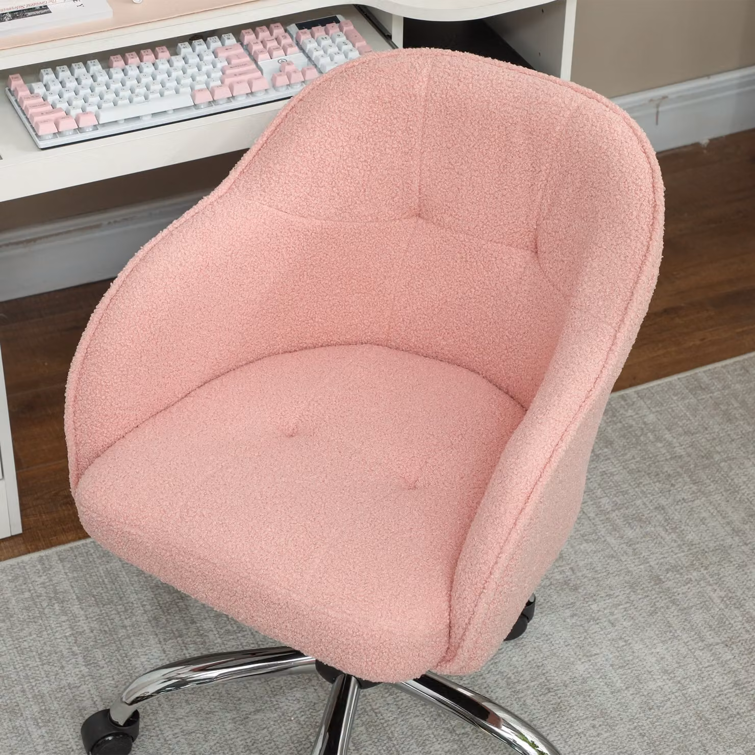 HOMCOM Pink Teddy Fleece Swivel Office Chair with Armrests and Castors, W/D/H: 56 x 51 x 120 cm – 3