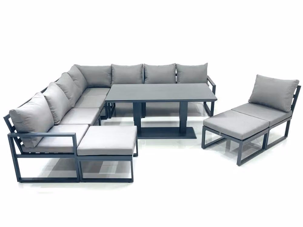 Fimous 10 Seater Outdoor Garden Furniture Set with Corner Sofa, 2 Big Footstools and Height Adjustable Dining Table in Dark Grey – 2