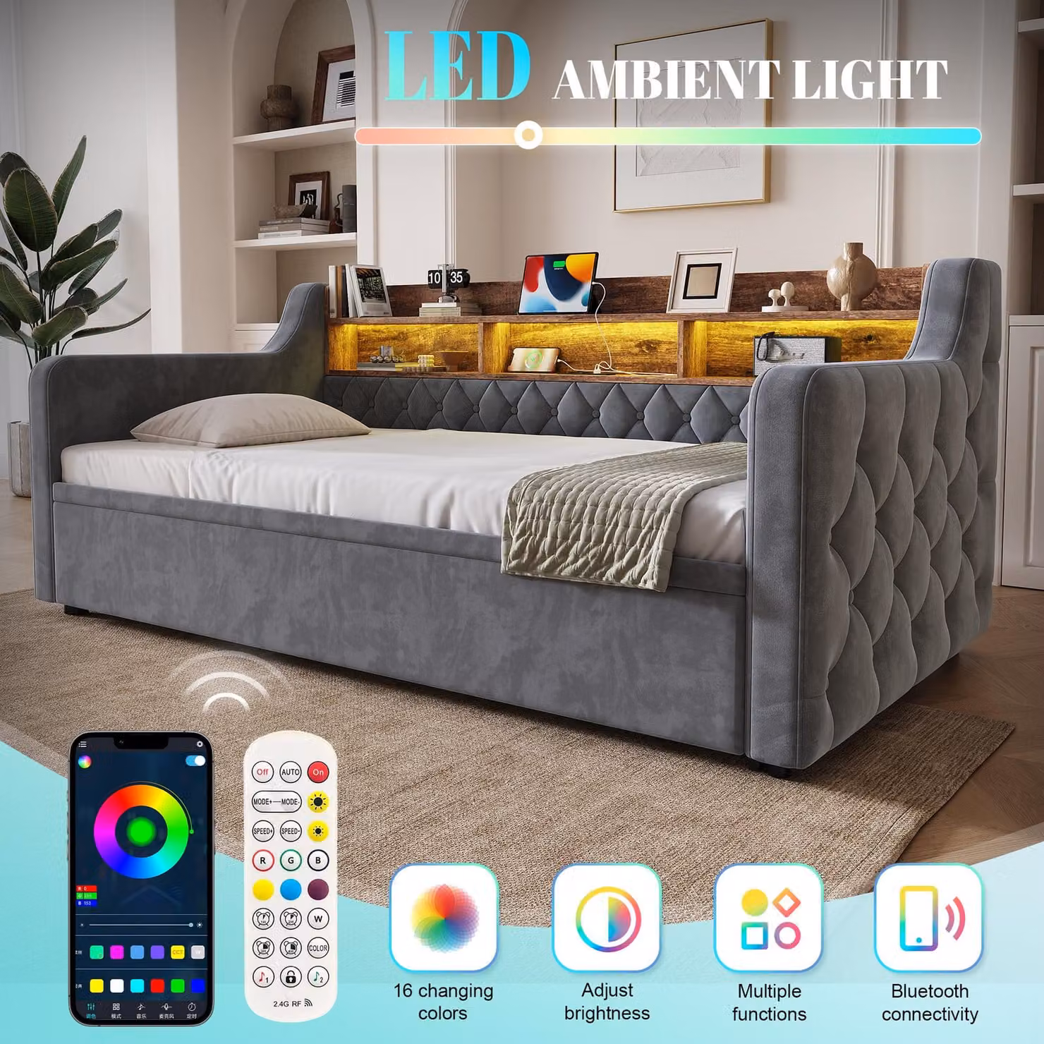 Aosom UK Velvet Upholstered Sofa Bed in Grey with LED Lighting and USB Charging, W/D/H: 107 x 190 x 80 cm – 5