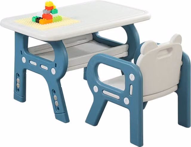 Kidkid Height Adjustable Toddler Desk and Chair Set in Blue and White