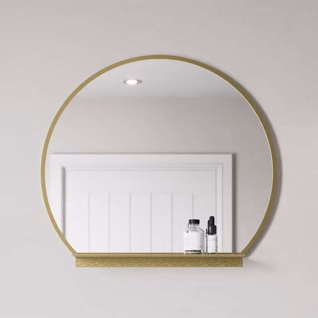 Bathwell Modern Round Wall Mounted Bathroom Mirror with Metal Shelf in Gold or Black