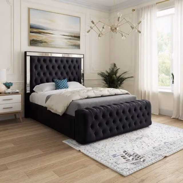 KDMD Reigate King Size Designer Bed Frame with Black Velvet Upholstery and Mirror Details, W/D/H: 180 x 200 x 159 cm – 1