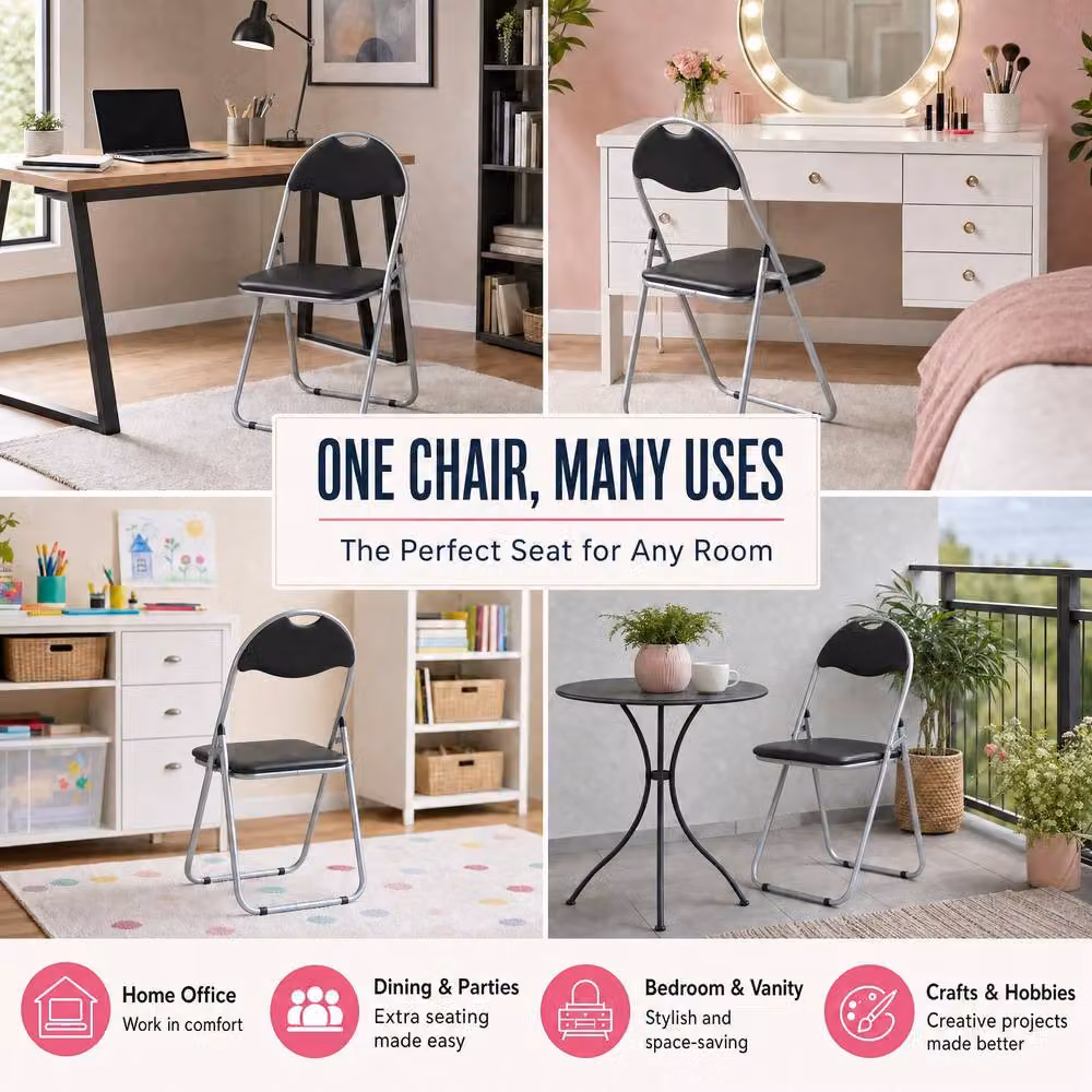 Bravich LTD Candy Faux Leather Padded Folding Dining Chair in Black, Pack of 4 – 4