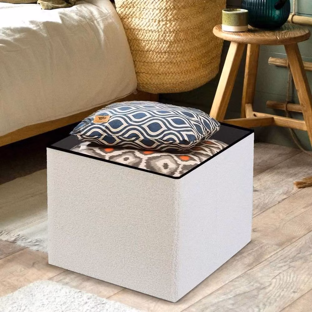 PAWNORA White Bouclé Fabric Folding Ottoman Storage Cube – 2