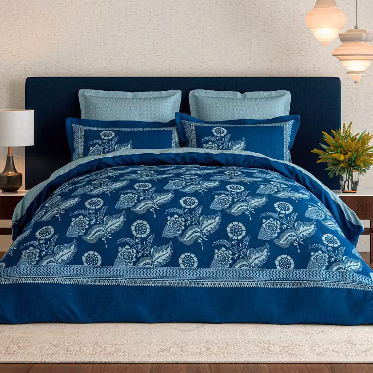 V&A Eastern Bloom Cotton Percale Square Pillowcase Pair in Blue and Turquoise