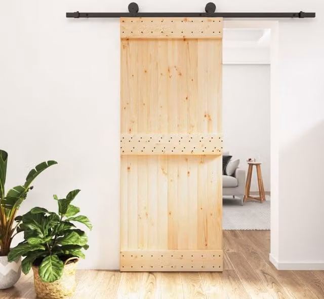 Berkfield Home Modern Sliding Door with Hardware Set, Solid Wood Pine, Brown, W: 85 cm, H: 210 cm