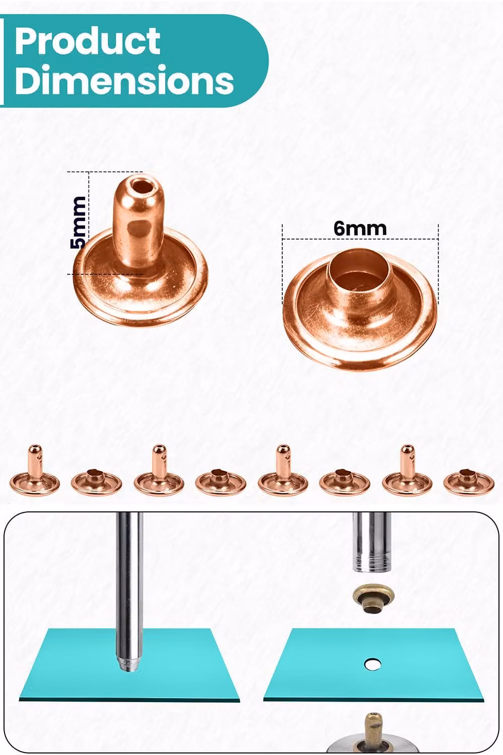 Neel Blue 100 Set of Rose Gold Double Cap Leather Rivets and Tubular Metal Studs, 6mm – 2