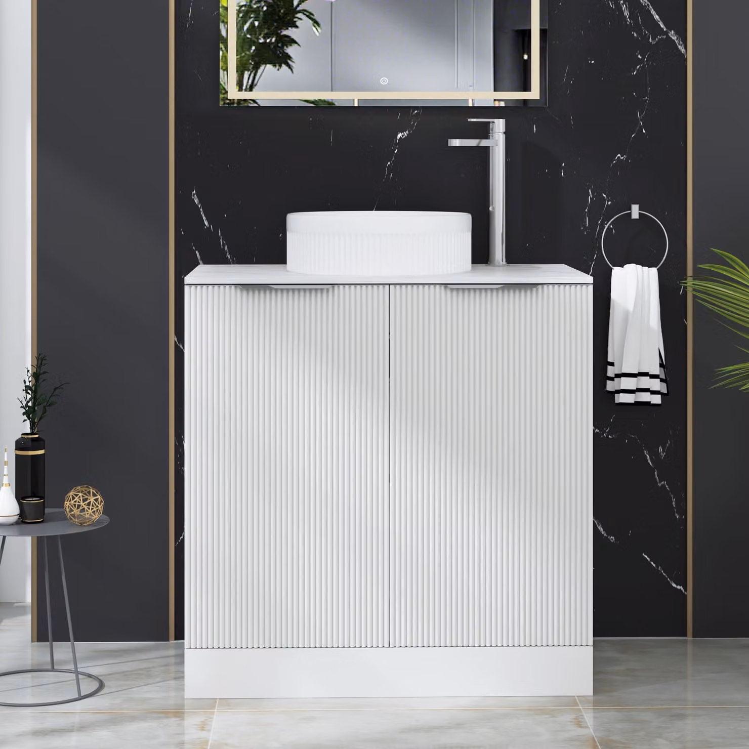 Royal Bathrooms Evora 800mm Matt White Fluted Floor Standing 2 Door Vanity Unit with Round Basin