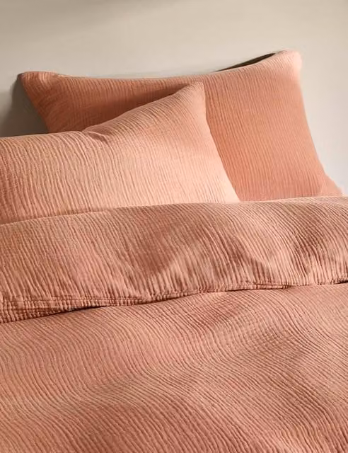 M&S Pure Cotton Muslin Bedding Set in Soft Terracotta, W: 140 cm, L: 200 cm