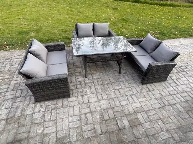 Fimous 6 Seater Rattan Wicker Garden Furniture Set with Dining Table in Dark Grey
