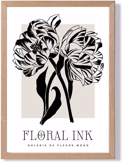 ARTZE Camelias Black and Beige Floral Ink Sketch Framed Print with Oak Frame, A3