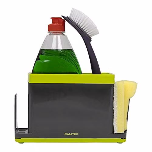 Calitek Sink Caddy Washing Up Organiser with Removable Drip Tray, Grey and Green