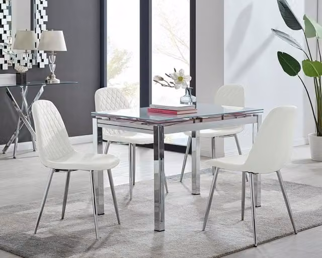 FurnitureboxUK Enna White Glass Extending 4-6 Seater Dining Table and 4 Corona Faux Leather Chairs – 1